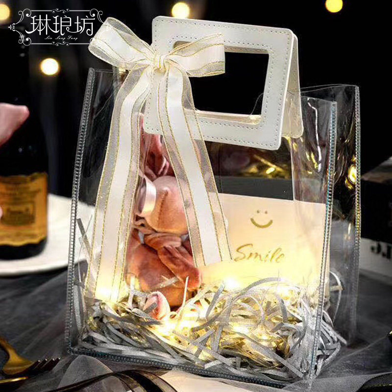 皮质手柄透明手提袋花礼伴手礼盒袋子 方形防水手拎礼品袋 花束