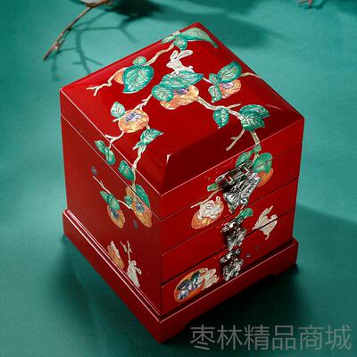 正品螺钿漆器首饰盒实木饰精收致首饰结婚礼链物手镯戒指项多层品