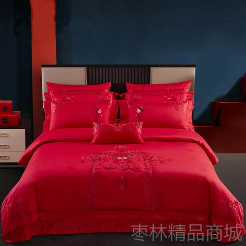 正品140s件支全棉婚庆四件大红色刺婚房床绣上用品套喜被子结婚六