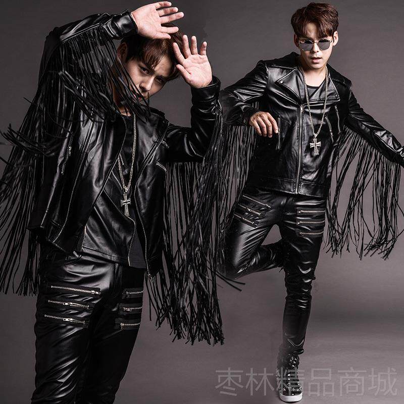 正品流潮男歌手夜店酒吧架子鼓DJ演出服个性苏pu装皮裤衣套装流苏