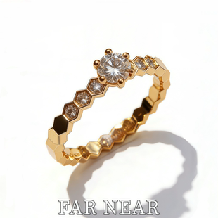 NEAR小众高级感V金叠戴指环玫瑰金 蜂巢锆石素圈戒指满钻爆闪FAR