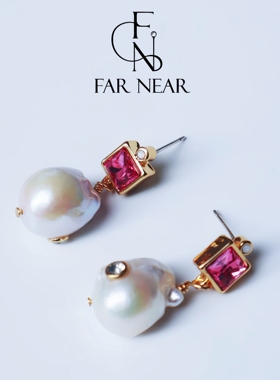 粉锆石巴洛克珍珠耳钉FAR NEAR复古宫廷风耳饰轻奢高级感气质耳环