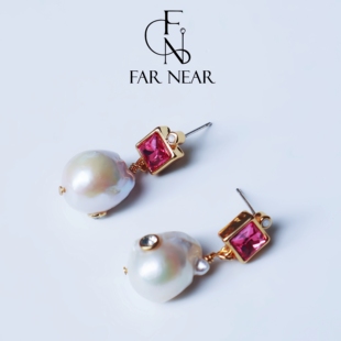 粉锆石巴洛克珍珠耳钉FAR NEAR复古宫廷风耳饰轻奢高级感气质耳环