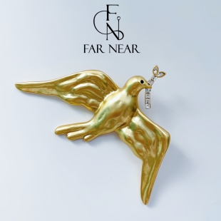 橄榄枝和平鸽胸针FARNEAR法式 中古世界和平美好祝愿18K金胸花别针