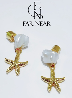 巴洛克珍珠耳环FAR NEAR金色海星纽扣珍珠耳钉s925银耳饰高级感女
