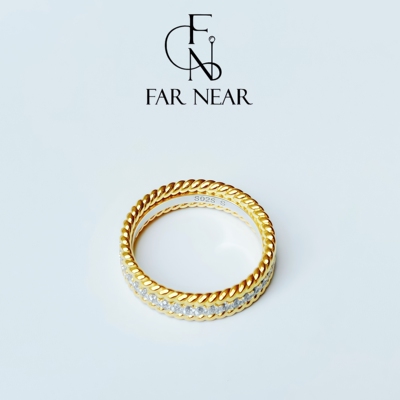 金银双色麻花螺纹锆石戒指s925银