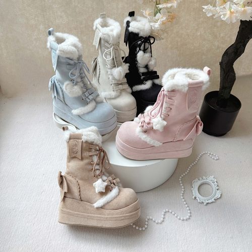 【现货】绒绒雪兔高跟 芝士芒芒物语lolita可爱雪地靴厚底中筒靴
