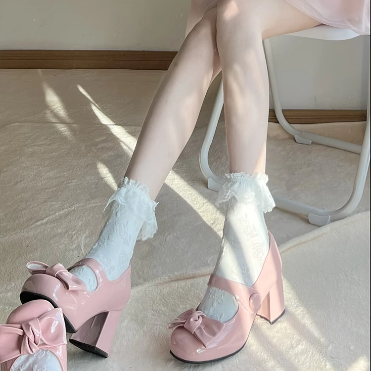 【现货】娜娜子芝士芒芒物语蝴蝶结玛丽珍高跟单鞋仙温柔粗跟