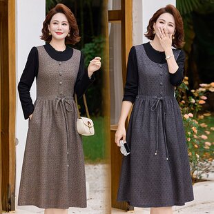 中老年女装 连衣裙2026新款 春秋收腰阔太太长裙子 中年妈妈春装 春季