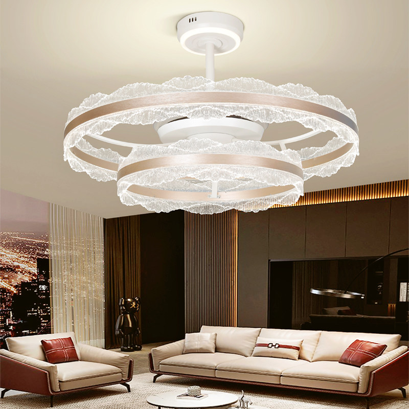 客厅水晶冰裂纹隐形风扇灯吊扇灯家用一体房间餐厅卧室简约轻奢