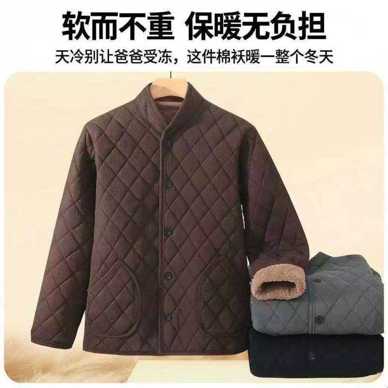 加绒加厚男士棉袄冬季中老年人中老年棉衣条绒外套保暖棉服爸爸装