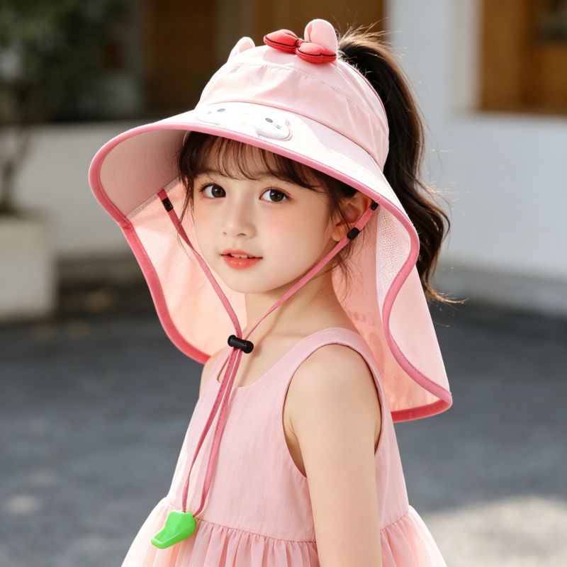 儿童防晒帽夏季遮阳大檐空顶帽女童可爱扎马尾护脖披肩男童太阳帽