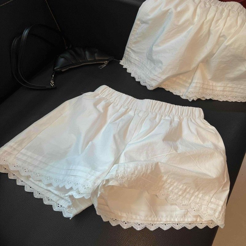 白色蕾丝花边拼接休闲短裤女春夏季新款宽松百搭小个子家居阔腿裤