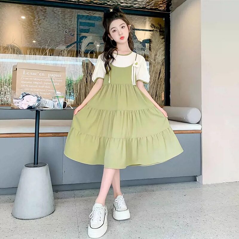品牌专柜女童假两件连衣裙夏甜美