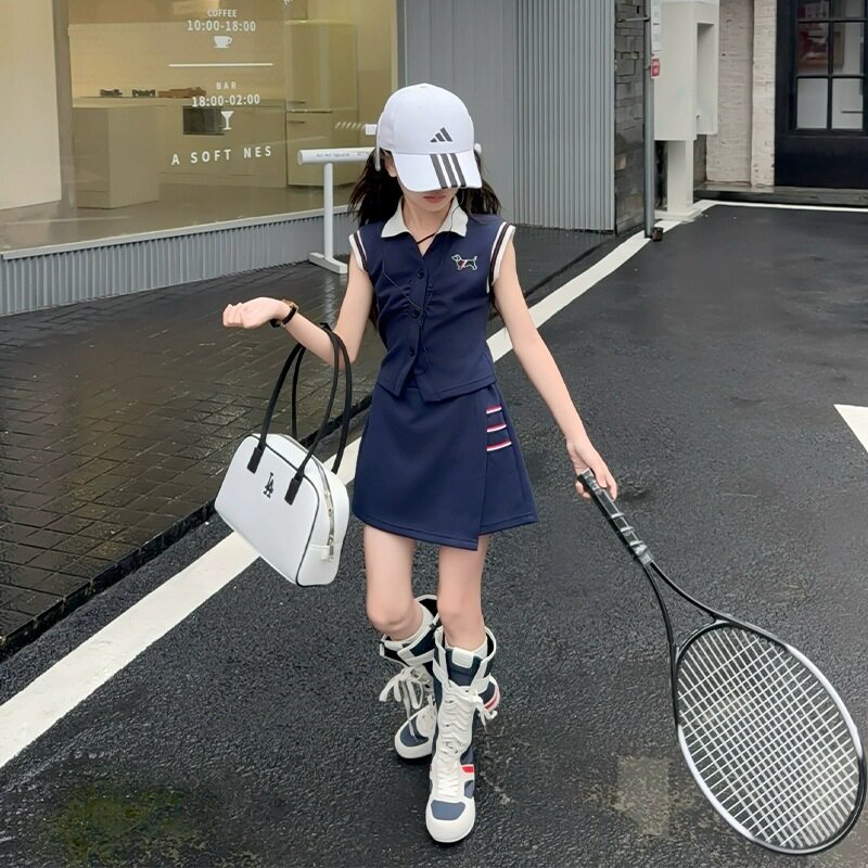 品牌专柜女童裙子夏装运动连衣裙套装无袖POLO开衫短裙裤两件套