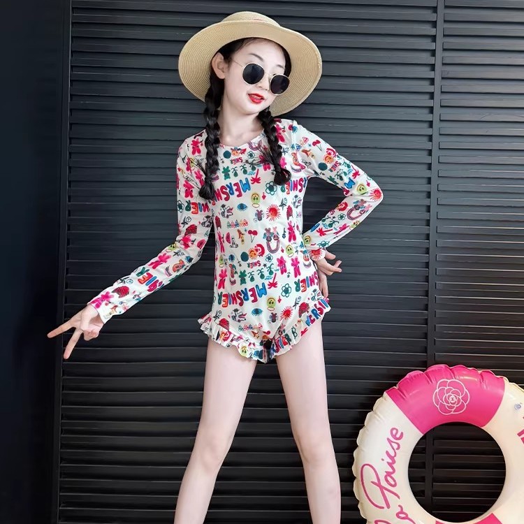 品牌彩色涂鸦连体泳衣长袖女童