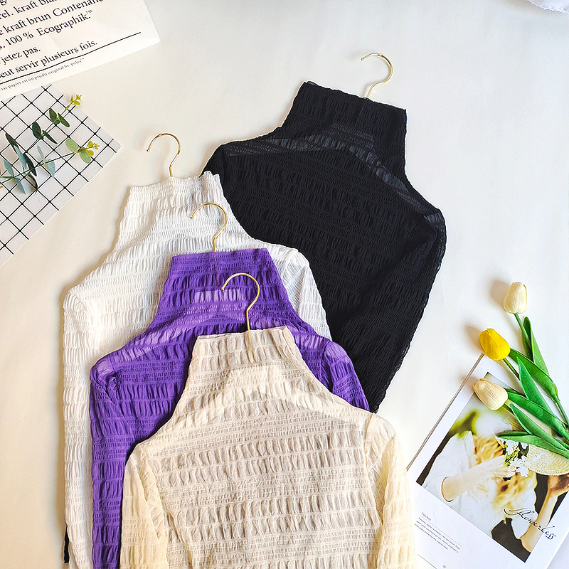 堆堆高领蕾丝打底衫女长袖内搭网纱秋季新款修身洋气小衫韩版上衣