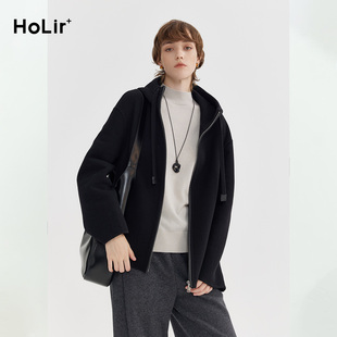 洪陵羊绒羊毛连帽短款大衣