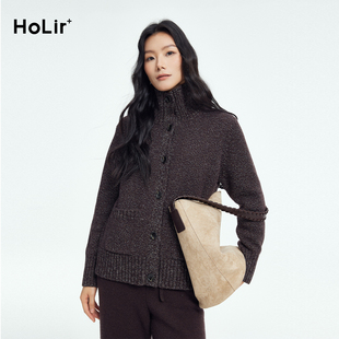 洪陵【花纱系列】羊绒系扣高领开衫女装