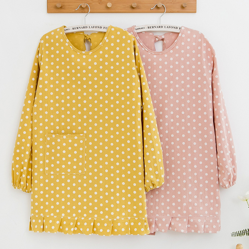 围裙女厨房家用防水防油时尚波点做饭长袖韩版清新上班工作服罩衣