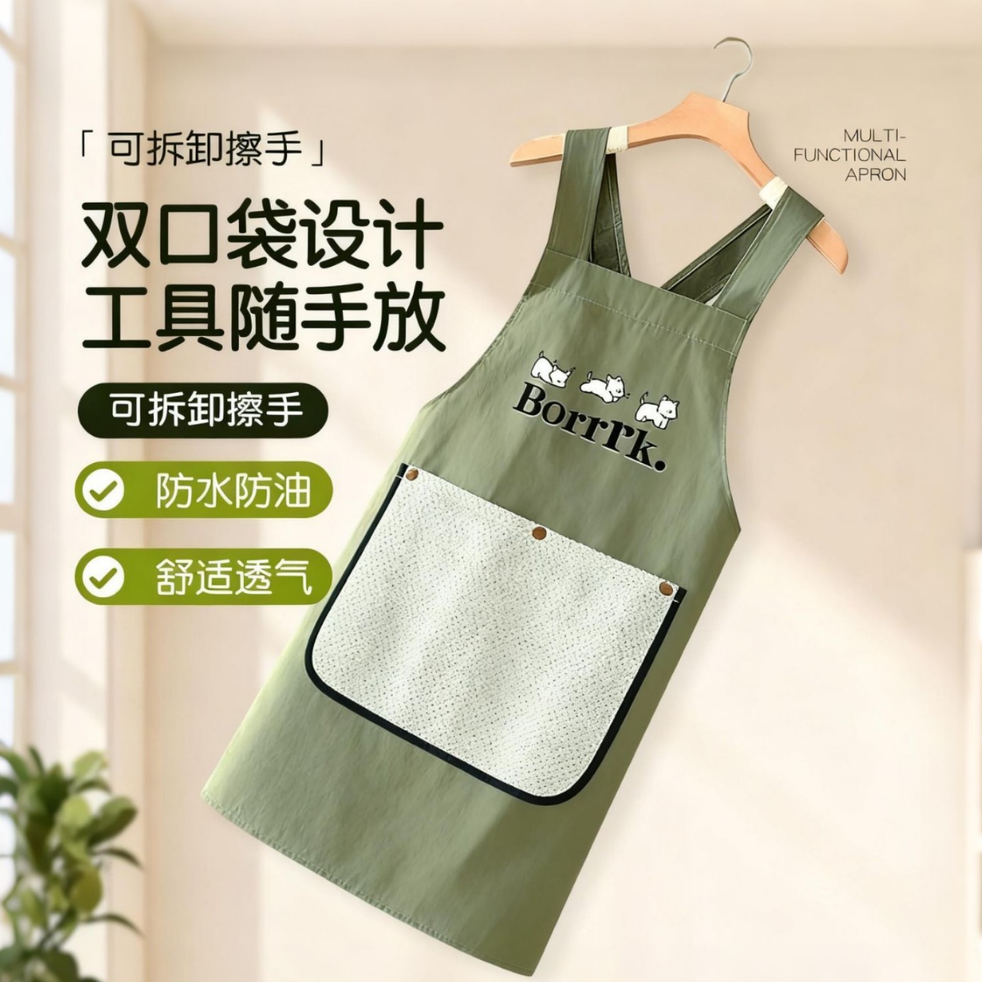 2025 新款可擦手围裙厨房家用女防油防水年轻款做饭男围腰带毛巾