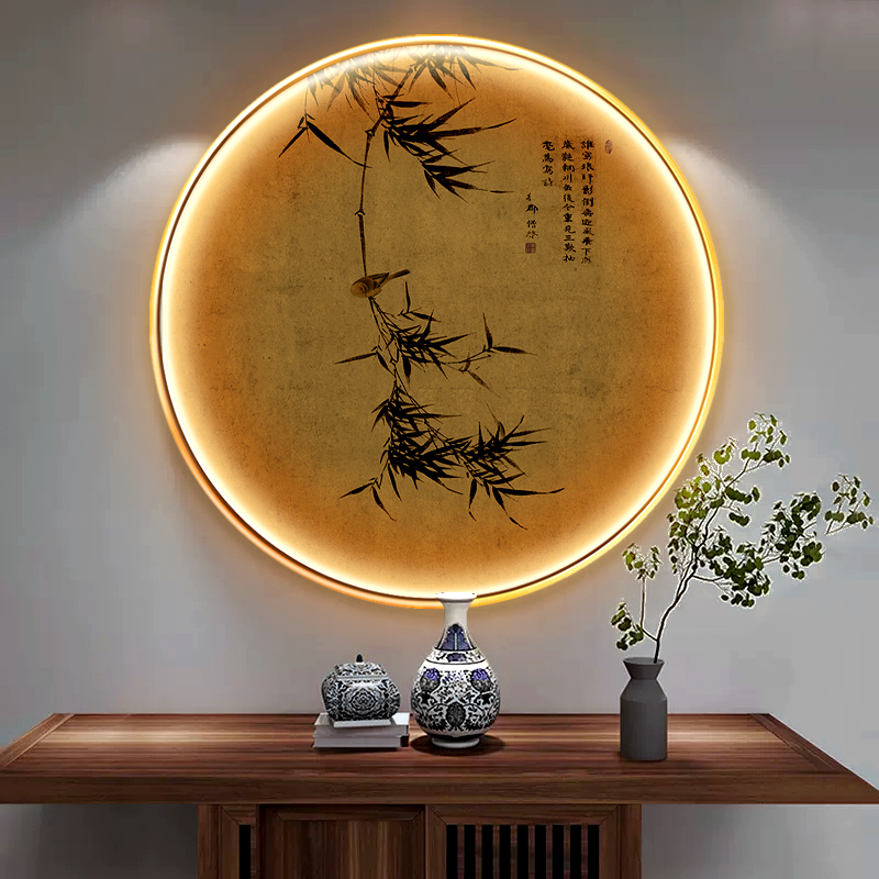 新中式古风国画墨竹带灯装饰画花鸟竹报平安挂画玄关书房客厅字画
