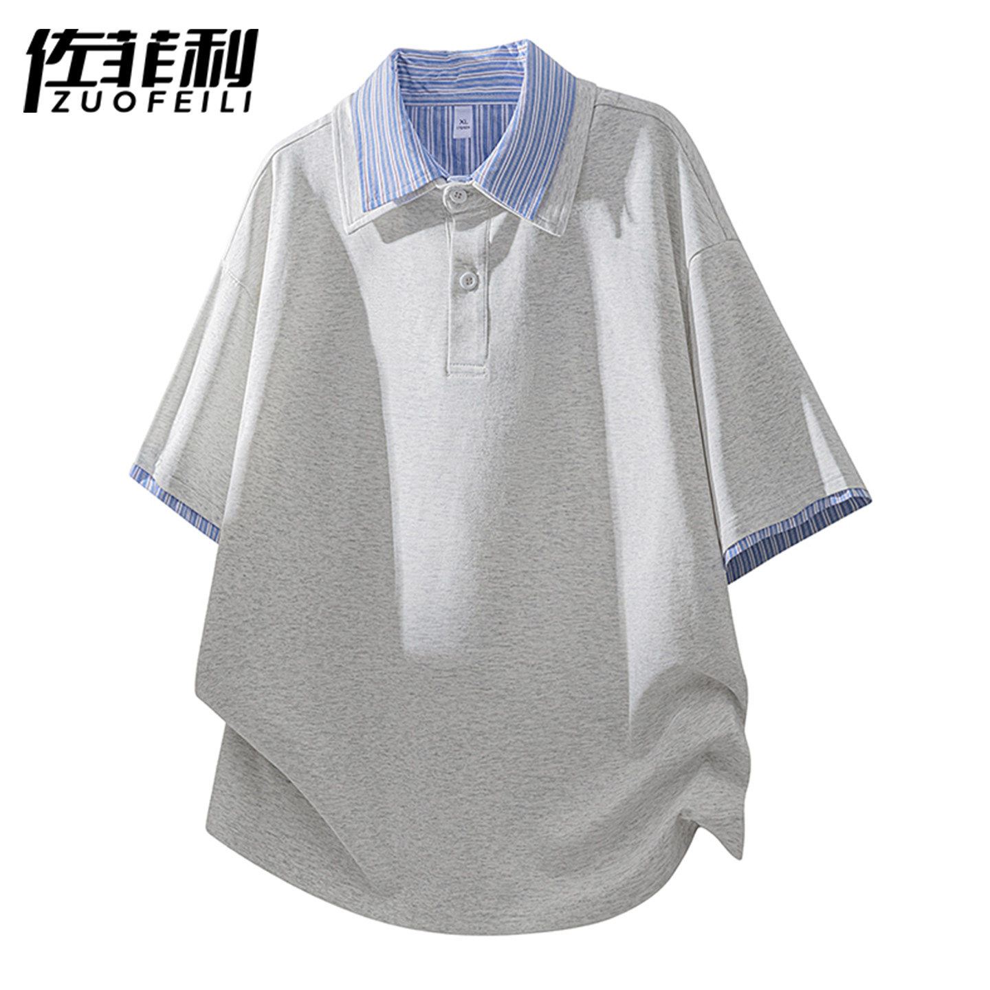 专柜条纹拼接polo衫短袖t恤男夏季宽松假两件设计感上衣潮流百搭