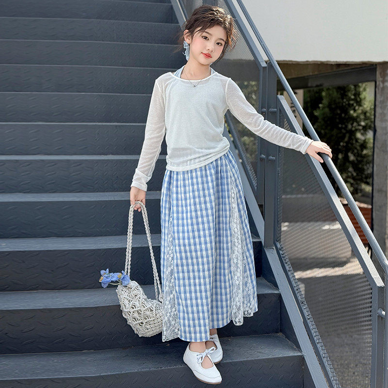 女大童夏季防晒衣套装2025新款夏装韩系女孩长袖格子半身裙三件套