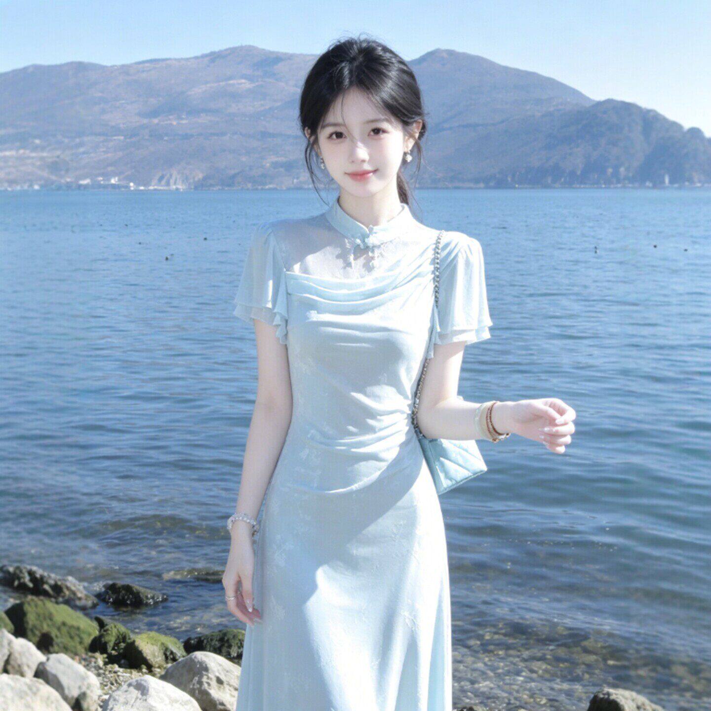 专柜温柔风独特超好看的收腰修身连衣裙绝美不撞款仙女长裙子2026