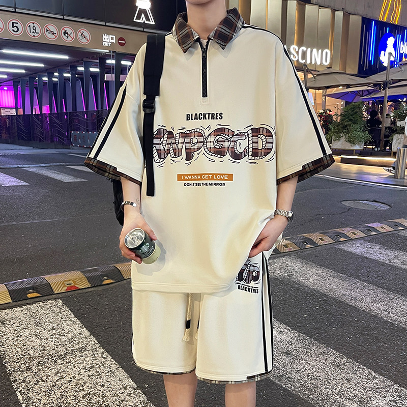 专柜休闲运动套装男夏季半拉链翻领短袖t恤男生polo衫潮牌叠穿两