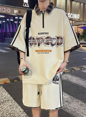 专柜休闲运动套装男夏季半拉链翻领短袖t恤男生polo衫潮牌叠穿两