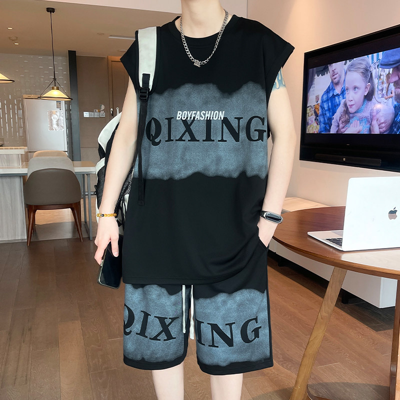 专柜夏季美式潮牌运动套装无袖短裤搭配 休闲帅气背心套装聚酯纤