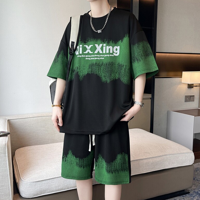 专柜渐变色休闲运动套装男夏季薄款短袖短裤男装青少年冰丝凉感两