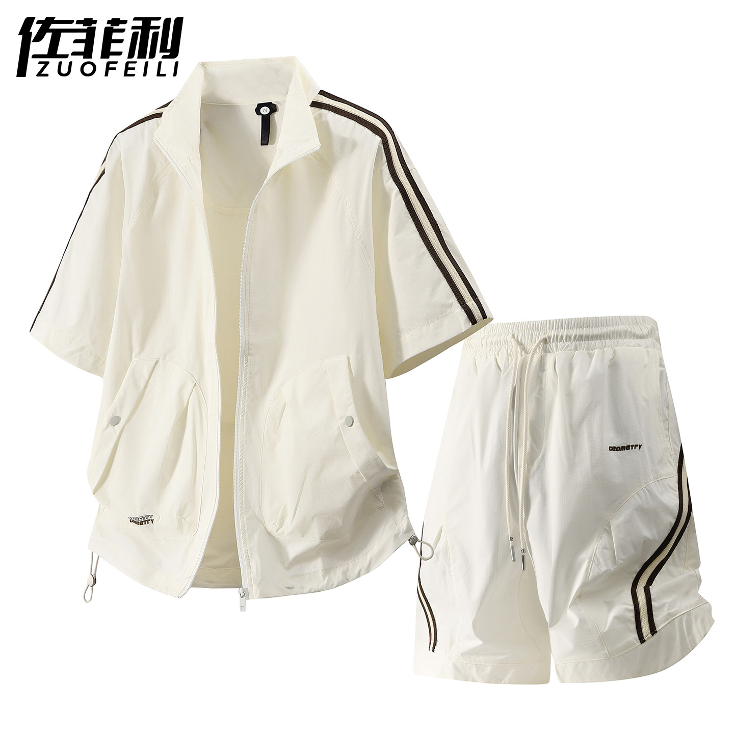 专柜运动风休闲套装男夏季条纹冰丝短袖衬衫两件套青少年酷帅穿搭