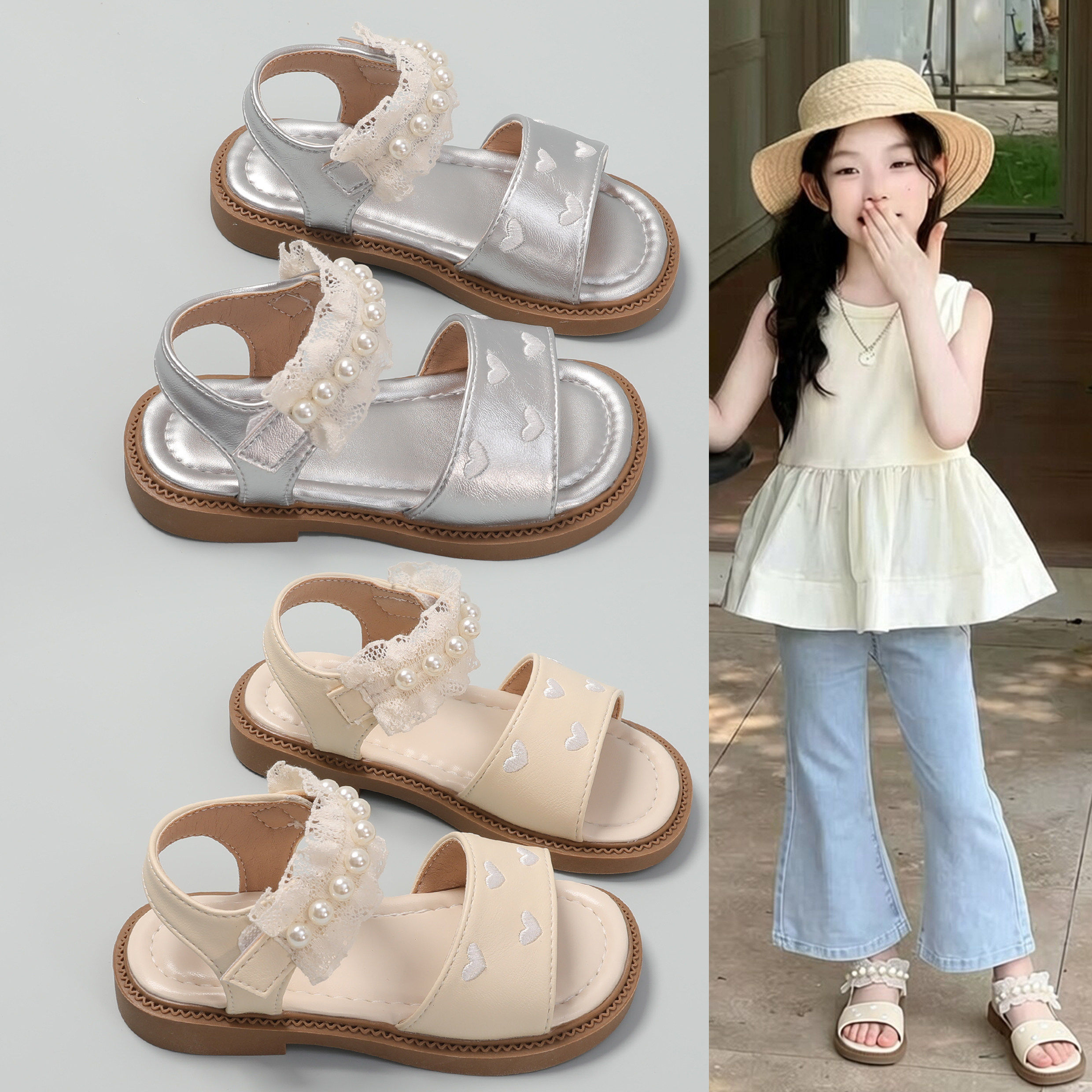 专柜女童2026夏季新款珍珠蝴蝶结凉鞋爱心蕾丝软底防滑魔术贴公主