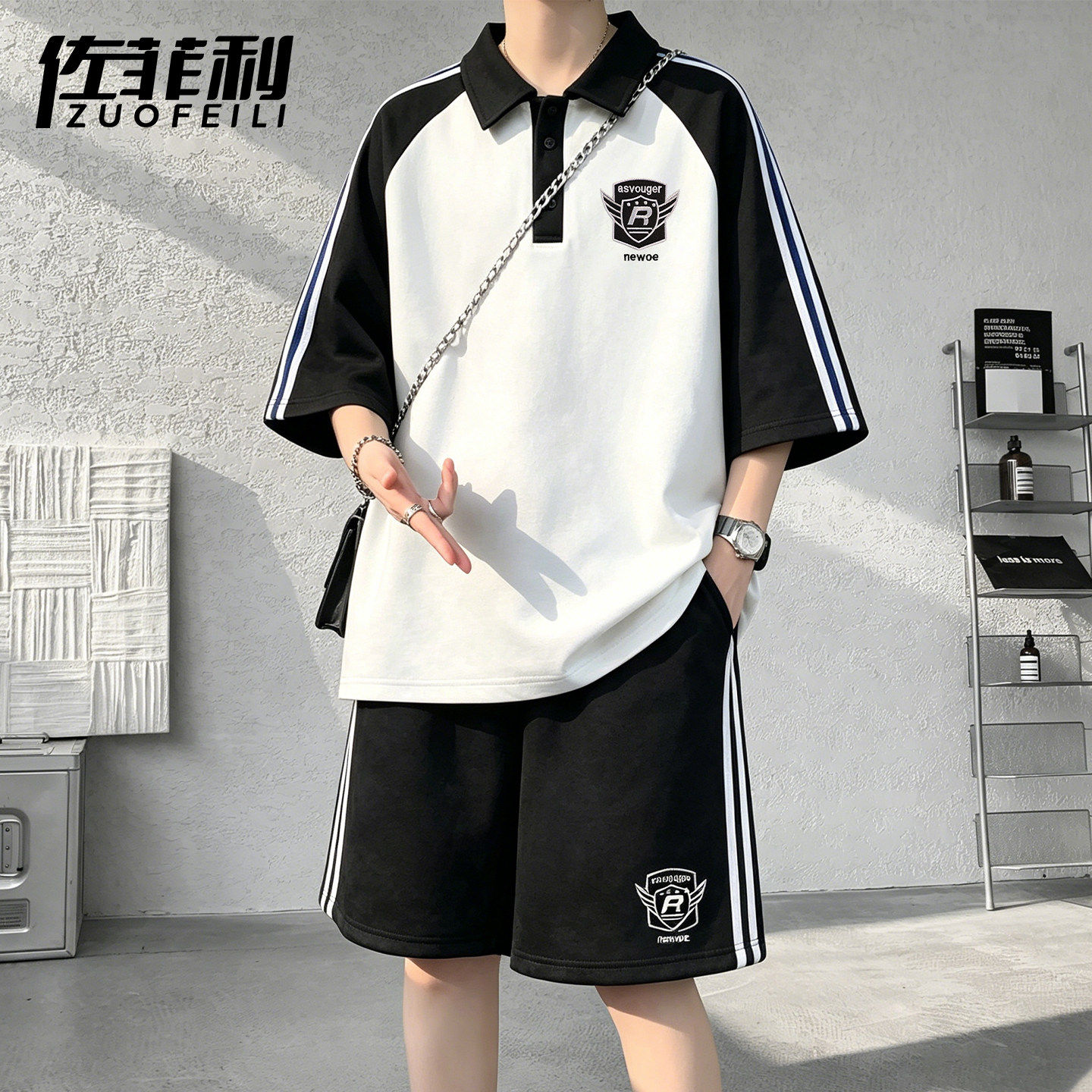 专柜撞色Polo衫短袖套装男夏季新款宽松休闲运动两件套青少年帅气