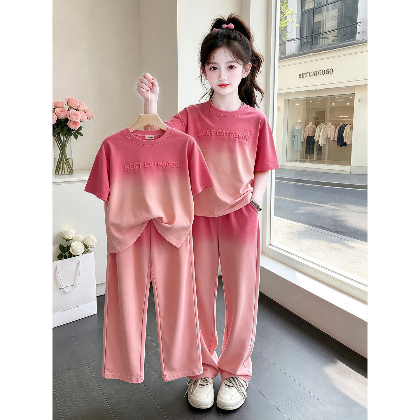 女童套装夏季2026新款女孩夏装中大童休闲运动风短袖长裤两件套潮