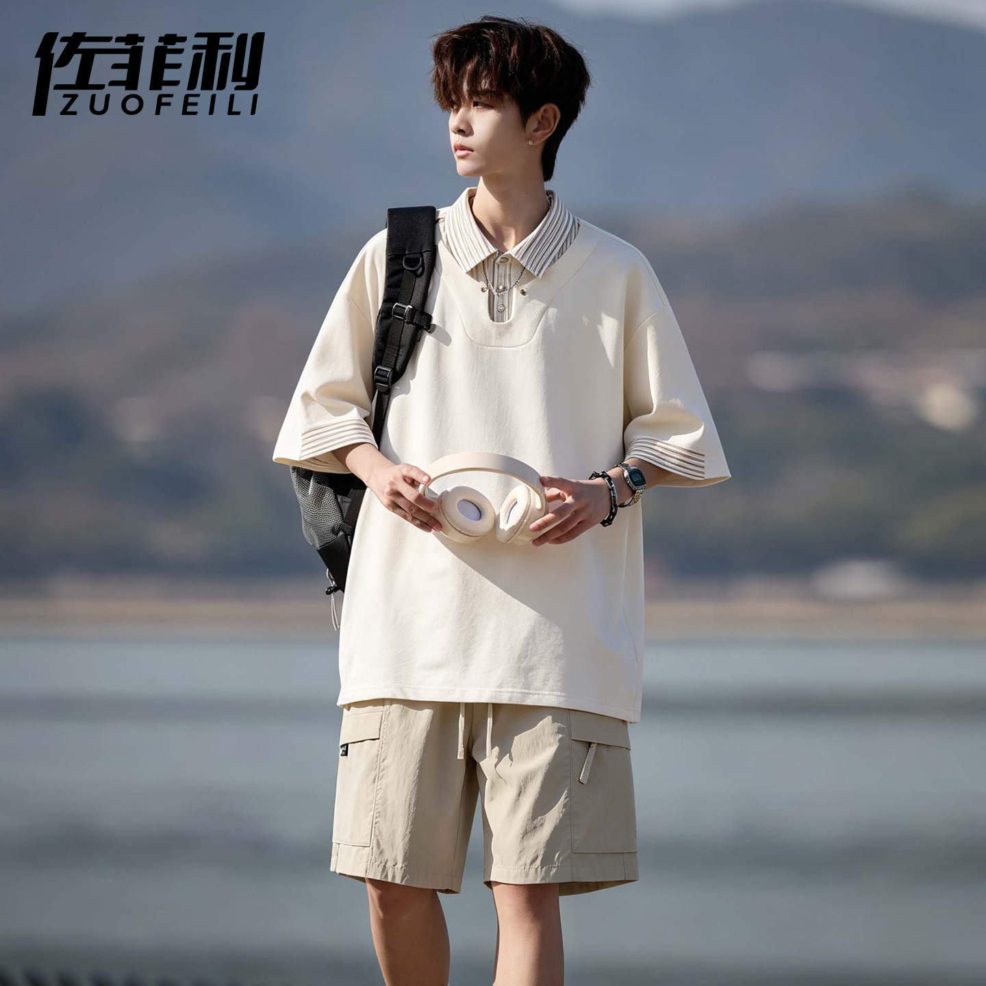 专柜短袖套装男夏季条纹Polo领假两件半袖工装短裤男高级感搭配一