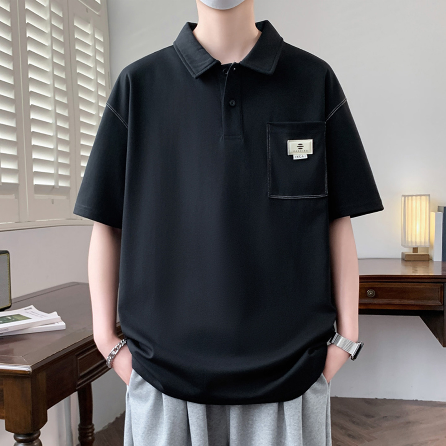 专柜黑色POLO衫短袖男夏季新款潮牌宽松凉感半袖衣服翻领青少年T