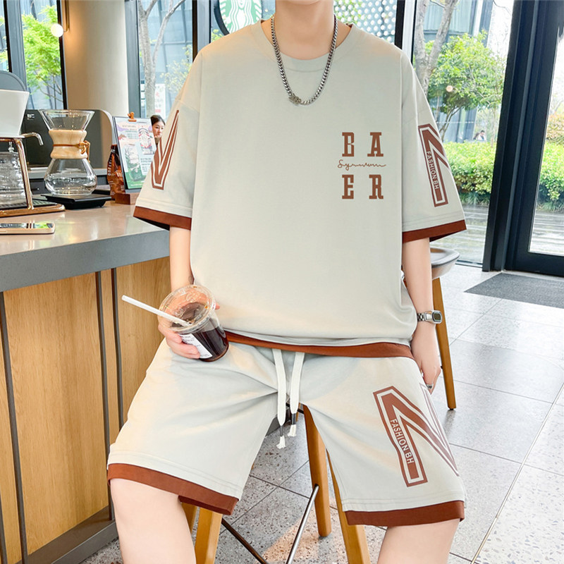专柜运动t恤男套装夏季新款美式字母印花短袖短裤两件套宽松休闲