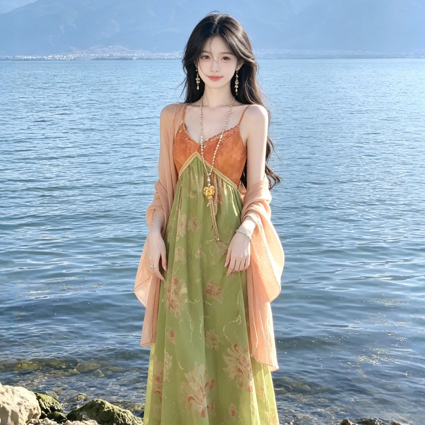 专柜温柔风独特超好看披肩吊带连衣裙两件套绝美不撞款长裙子2026