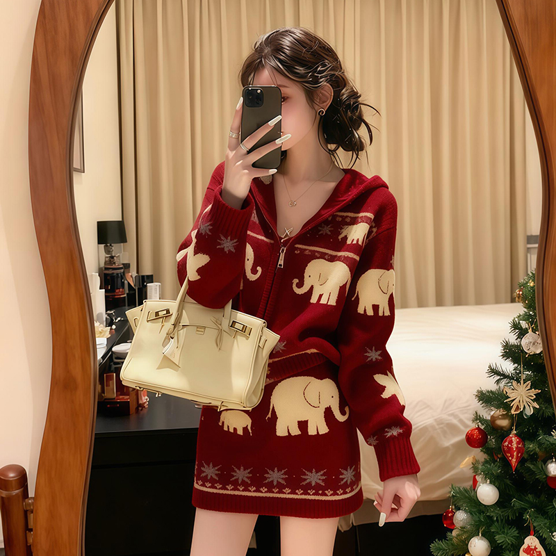 慵懒风红色针织衫提花毛衣套装女圣诞穿搭上衣半身裙两件套秋冬季
