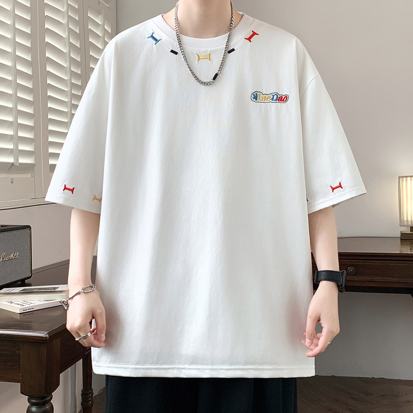 专柜美式风刺绣短袖男夏季新款潮牌凉感半袖衣服宽松白色透气男生