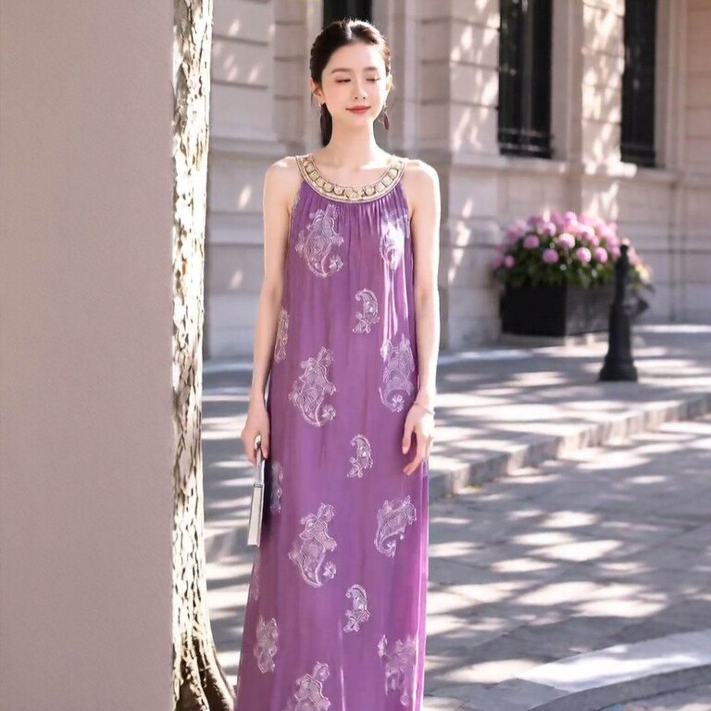 专柜复古风独特超好看印花紫色吊带长裙温柔系穿搭时尚气质连衣裙