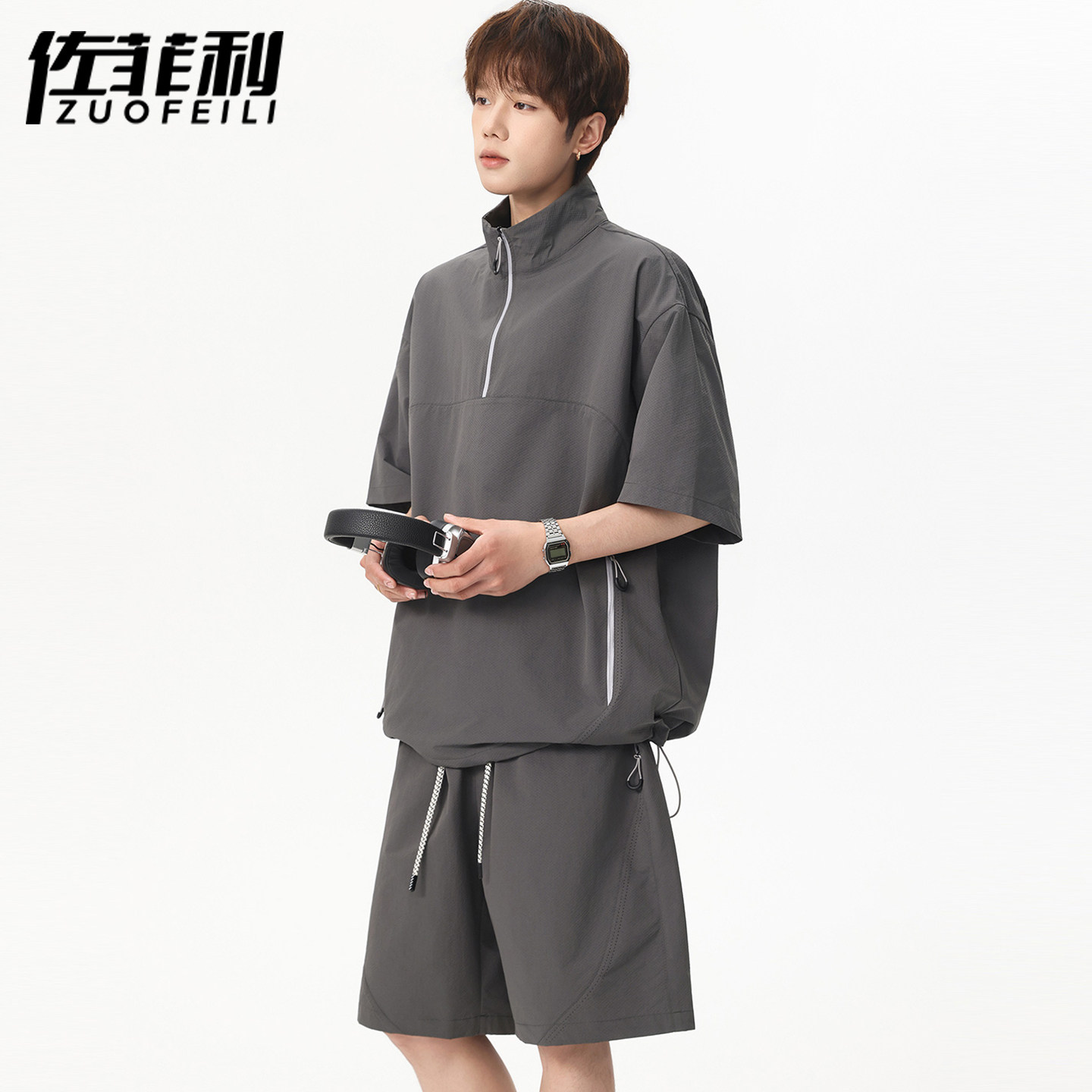 专柜半拉链立领套装男夏季新款冰丝凉感短袖短裤青少年户外穿搭一