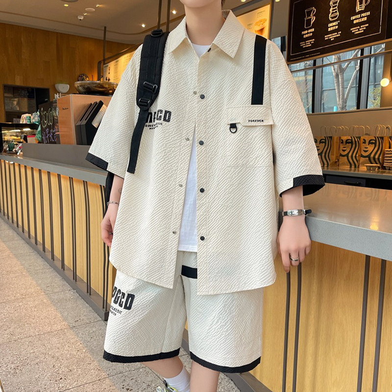 专柜七分袖衬衫套装男夏季肌理感短袖短裤两件套男装衬衣休闲一套