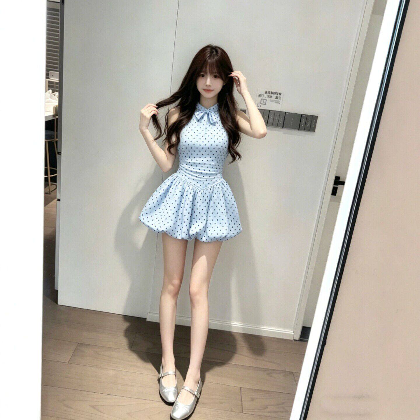 专柜温柔系穿搭甜美波点收腰显瘦花苞短裙小个子漂亮绝美连衣裙26