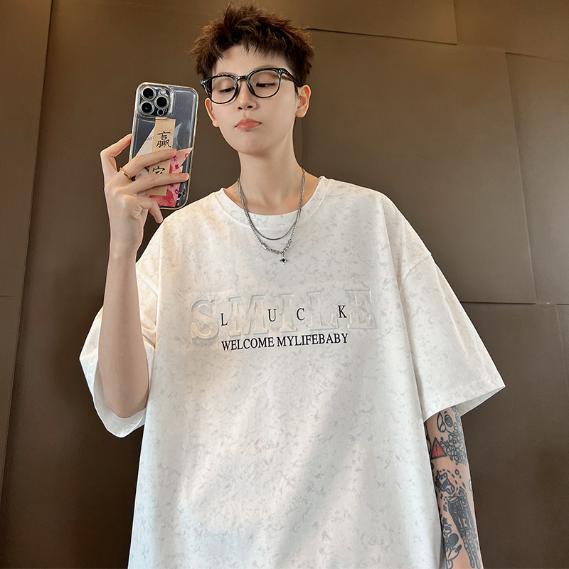 专柜美式风短袖男夏季2025新款潮流钢印印花上衣服凉感透气青少年