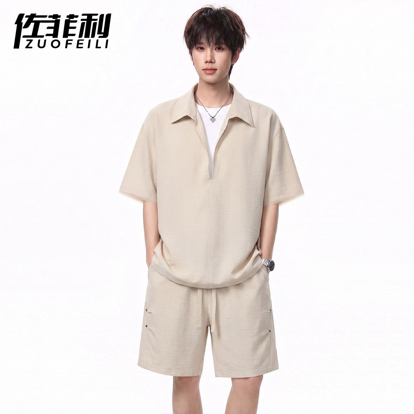 专柜冰丝翻领短袖短裤套装男夏季新款休闲两件套男装凉感透气一套