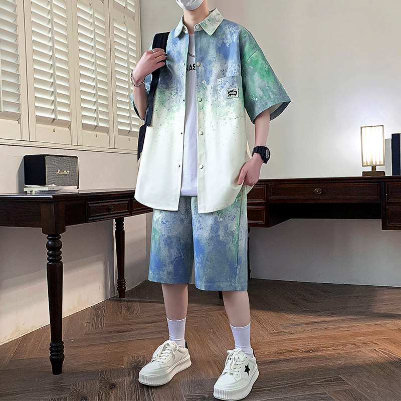 专柜纯棉短袖衬衫男套装夏季痞帅休闲五分袖衣服渐变色印花衬衣两